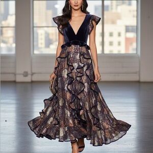 REBECCA TAYLOR Glistening Rose Velvet Ruffle Dress